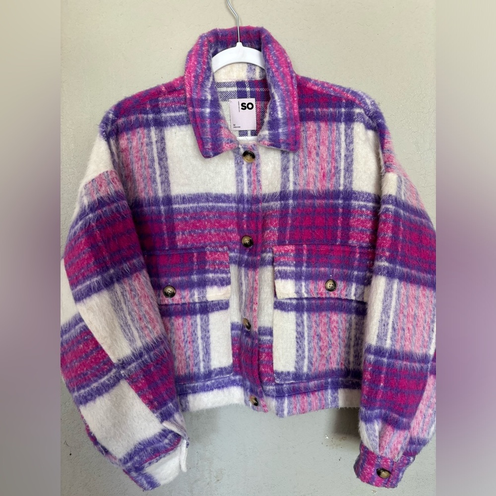 SO pink and purple plaid cropped shacket medium